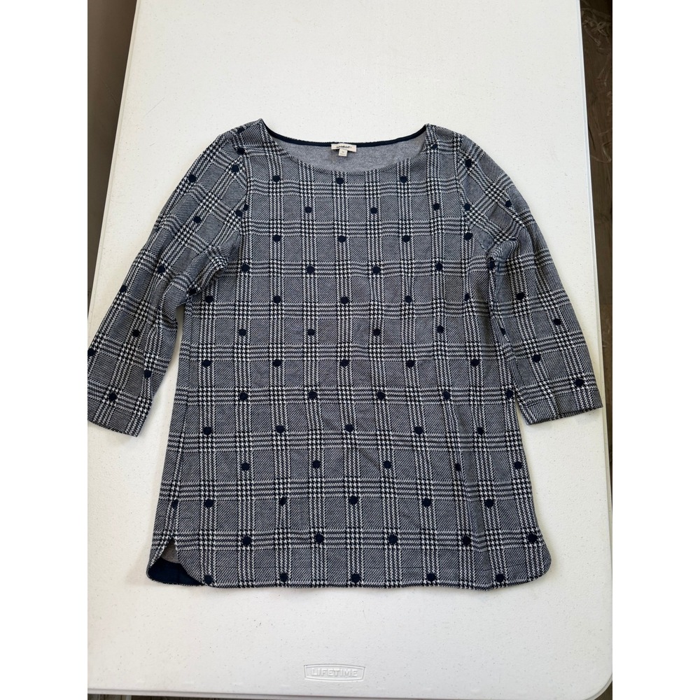 Talbots Navy White Glen Plaid Polka Dot Boat‎ Neck 3/4 Sleeve Knit Top Mens M